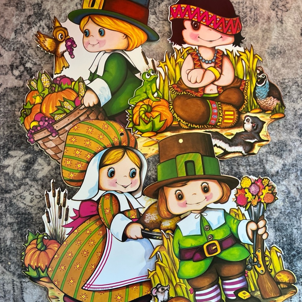 Vintage Die Cut Thanksgiving Classroom Wall Decorations Lot Of 4 Pilgrims Turkey